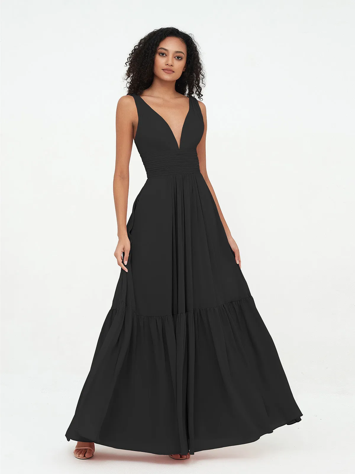 Deep-V Neck Chiffon Tiered Skirt Boho Dresses-Black Plus Size