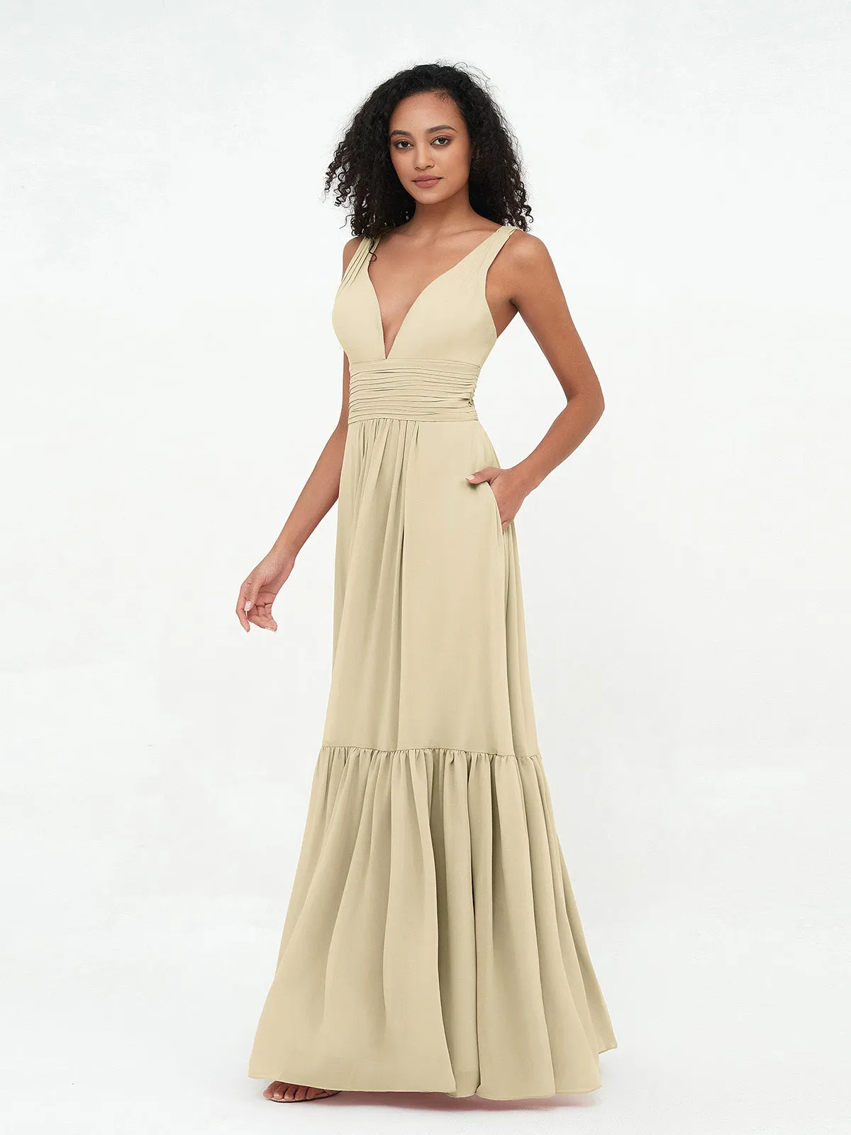 Deep-V Neck Chiffon Tiered Skirt Boho Dresses-Champagne Plus Size