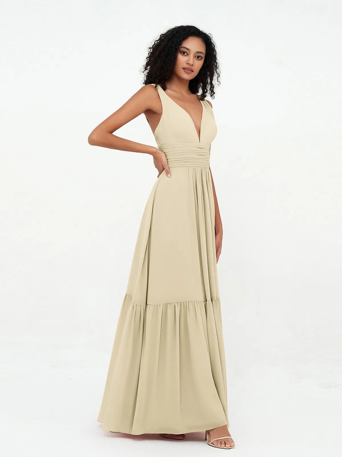 Deep-V Neck Chiffon Tiered Skirt Boho Dresses-Champagne Plus Size