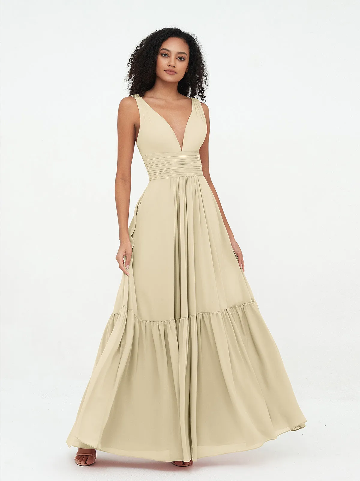 Deep-V Neck Chiffon Tiered Skirt Boho Dresses-Champagne Plus Size