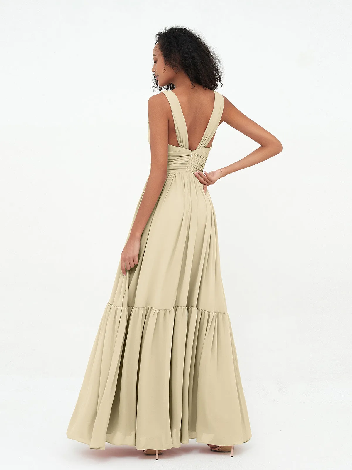 Deep-V Neck Chiffon Tiered Skirt Boho Dresses-Champagne Plus Size