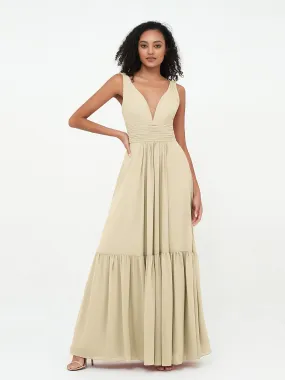 Deep-V Neck Chiffon Tiered Skirt Boho Dresses-Champagne Plus Size