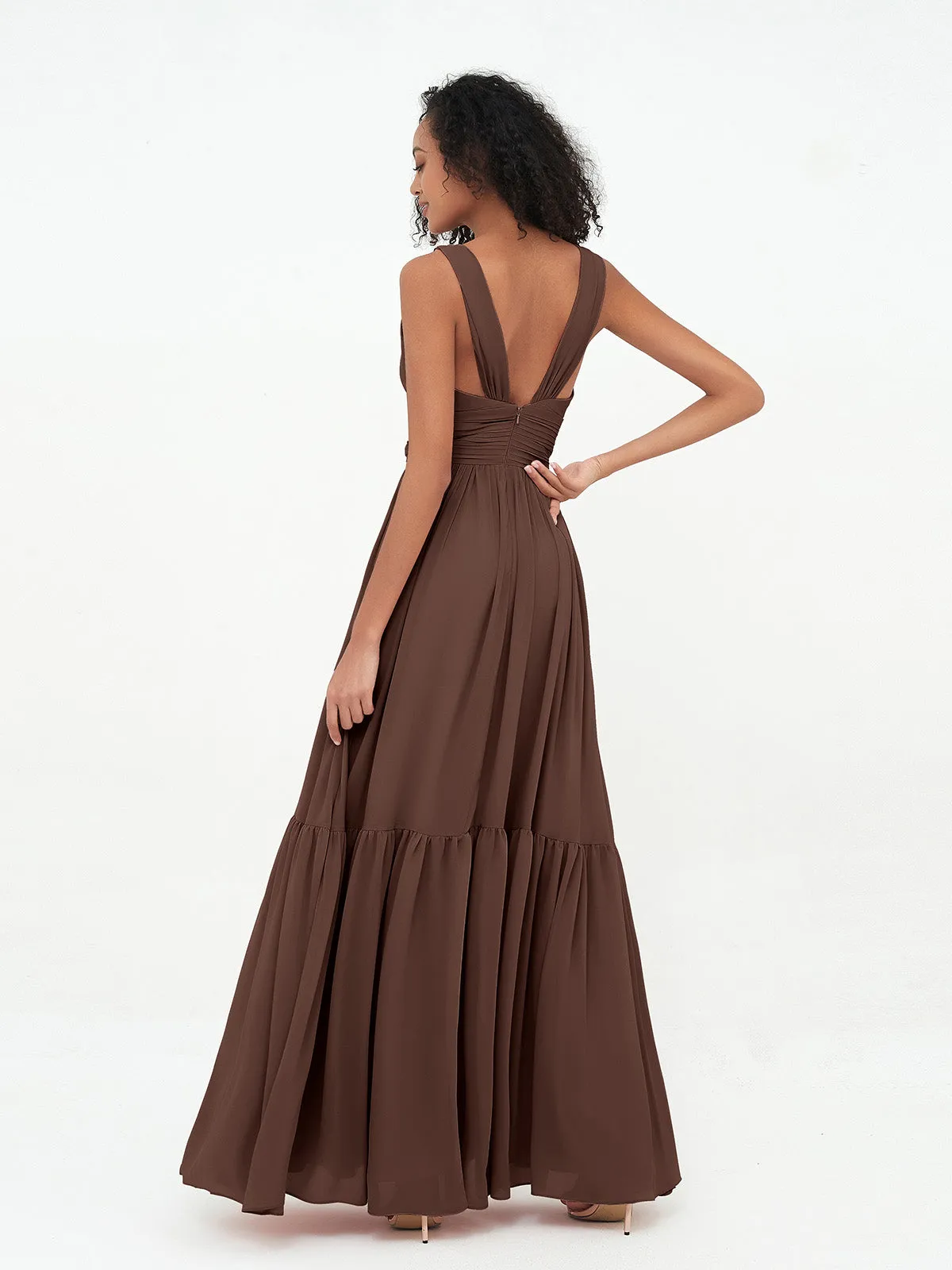 Deep-V Neck Chiffon Tiered Skirt Boho Dresses-Chocolate