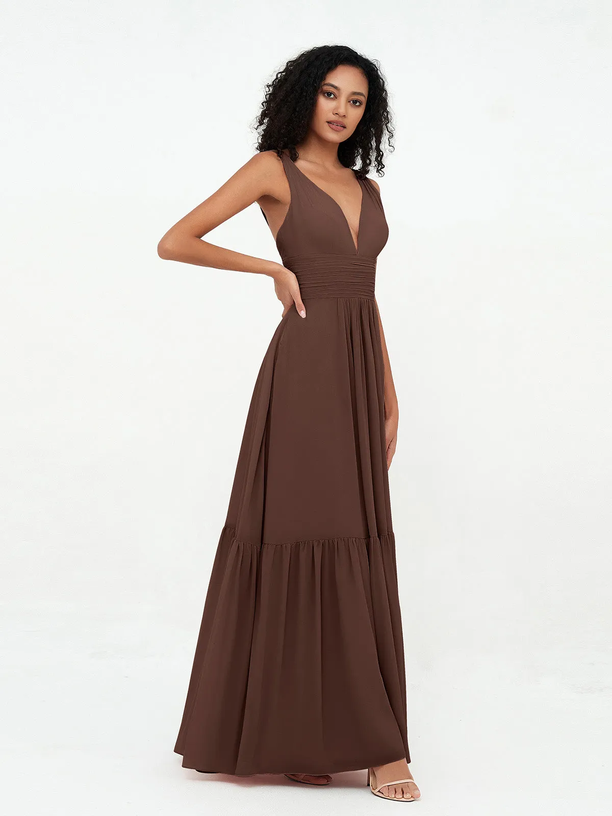 Deep-V Neck Chiffon Tiered Skirt Boho Dresses-Chocolate