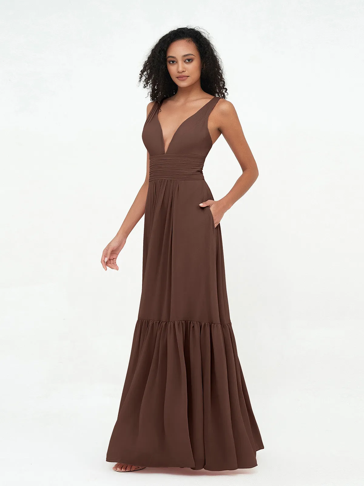Deep-V Neck Chiffon Tiered Skirt Boho Dresses-Chocolate