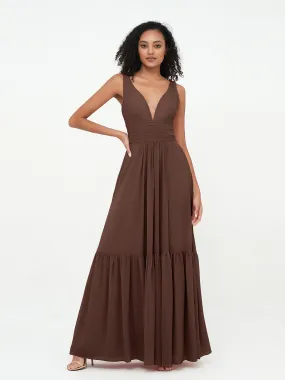 Deep-V Neck Chiffon Tiered Skirt Boho Dresses-Chocolate