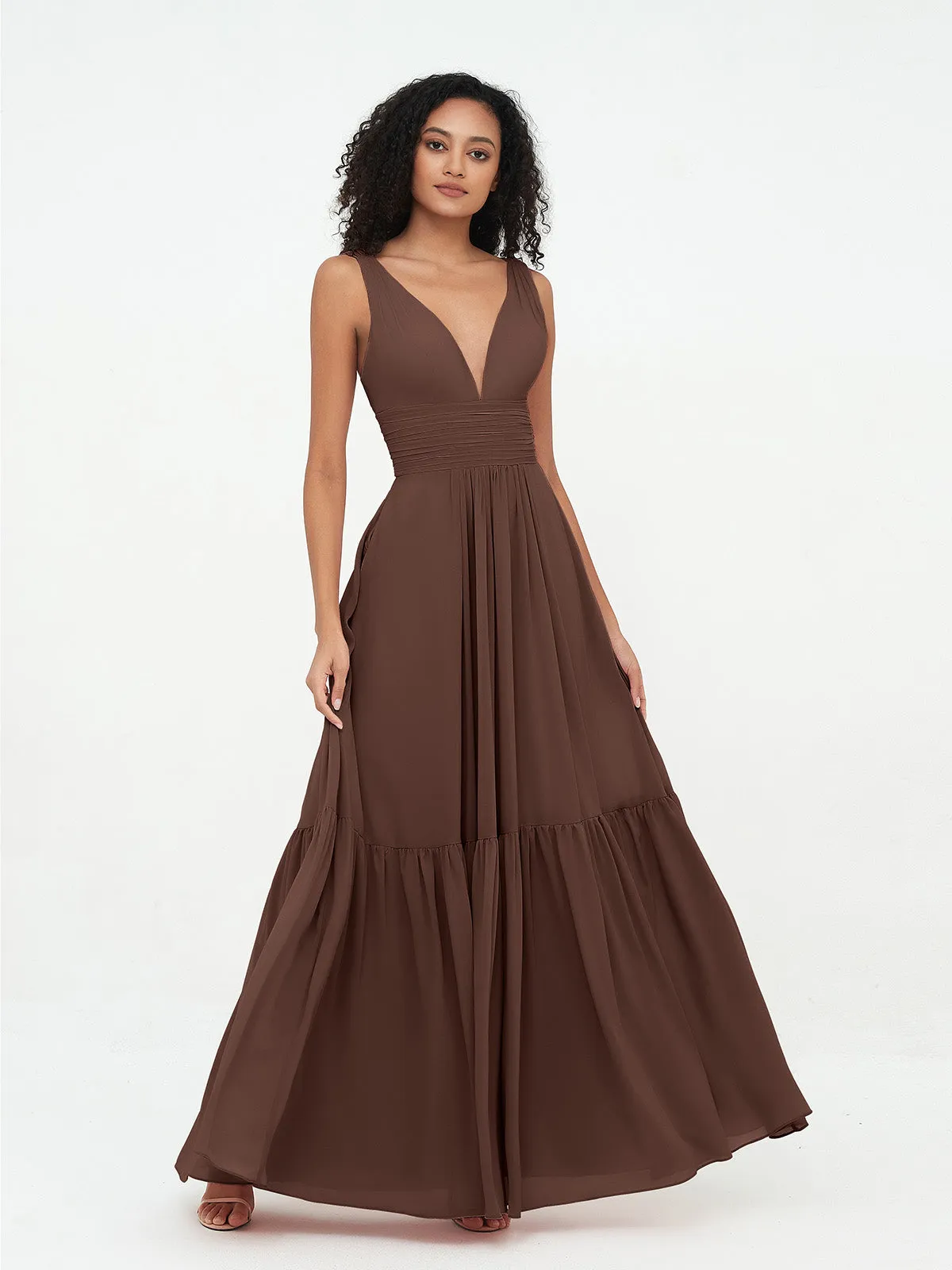 Deep-V Neck Chiffon Tiered Skirt Boho Dresses-Chocolate