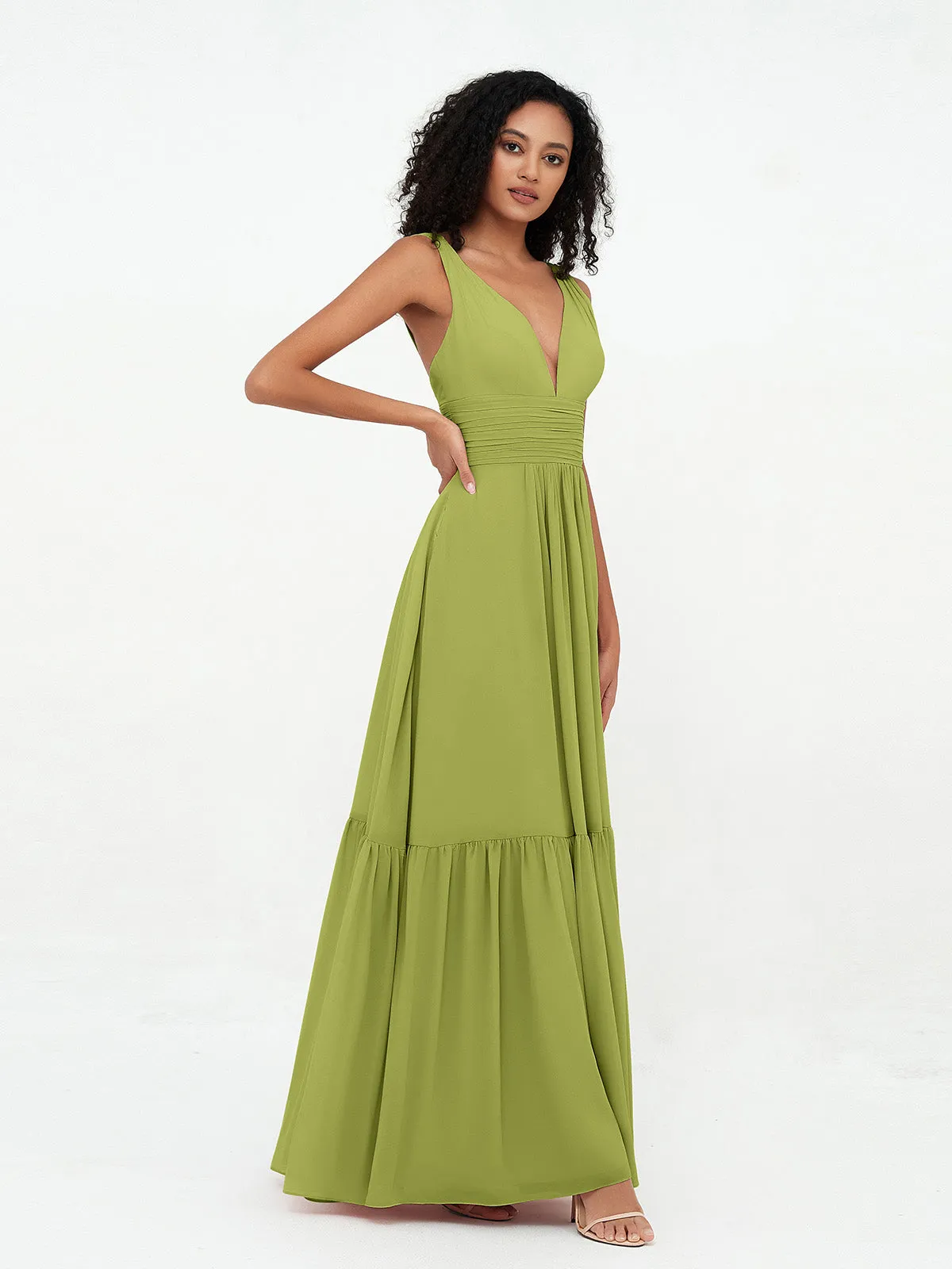 Deep-V Neck Chiffon Tiered Skirt Boho Dresses-Clover