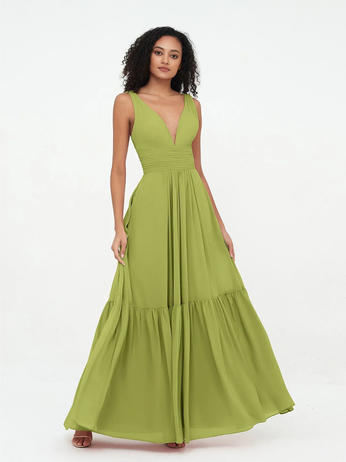 Deep-V Neck Chiffon Tiered Skirt Boho Dresses-Clover