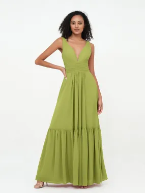 Deep-V Neck Chiffon Tiered Skirt Boho Dresses-Clover