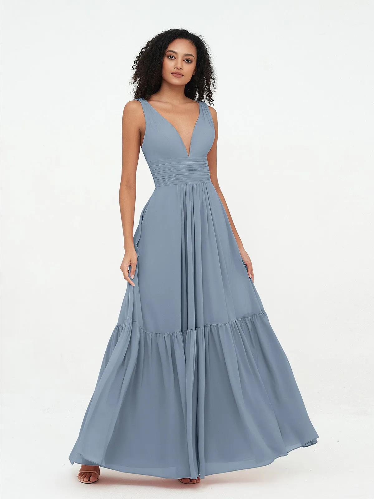 Deep-V Neck Chiffon Tiered Skirt Boho Dresses-Dusty Blue Plus Size
