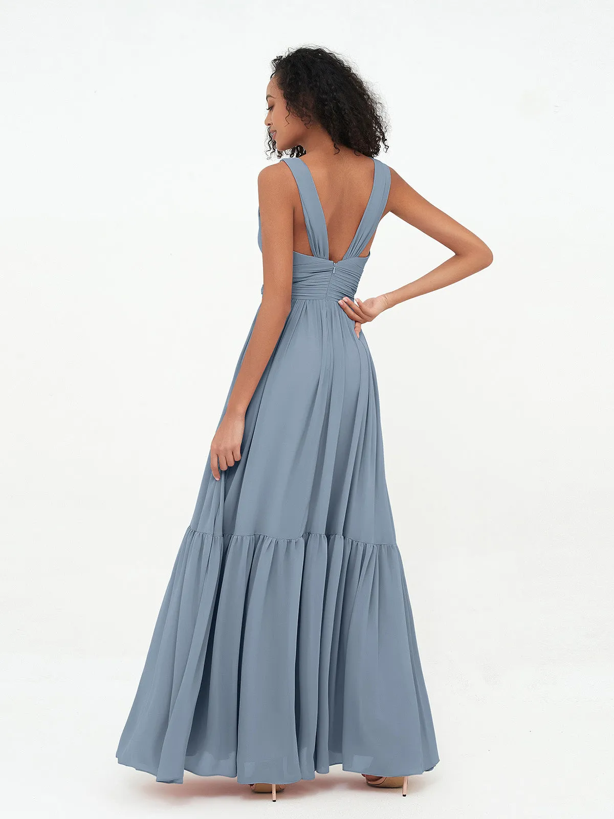 Deep-V Neck Chiffon Tiered Skirt Boho Dresses-Dusty Blue Plus Size