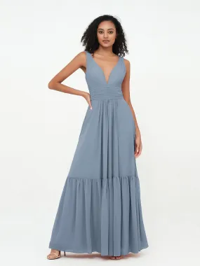Deep-V Neck Chiffon Tiered Skirt Boho Dresses-Dusty Blue Plus Size