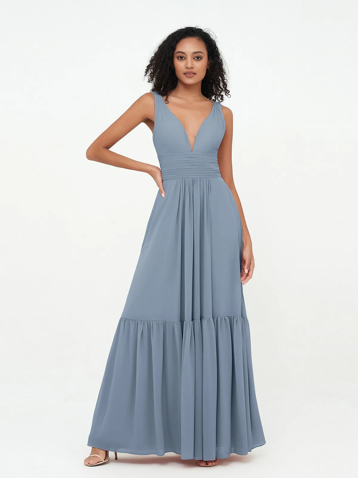 Deep-V Neck Chiffon Tiered Skirt Boho Dresses-Dusty Blue Plus Size