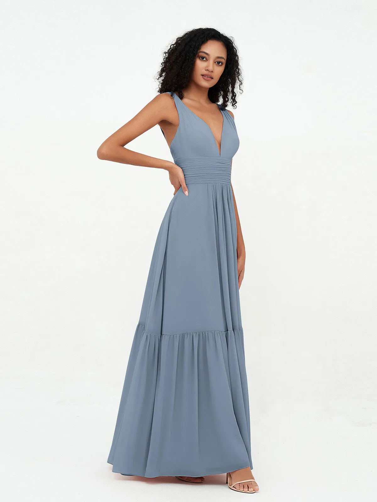 Deep-V Neck Chiffon Tiered Skirt Boho Dresses-Dusty Blue Plus Size
