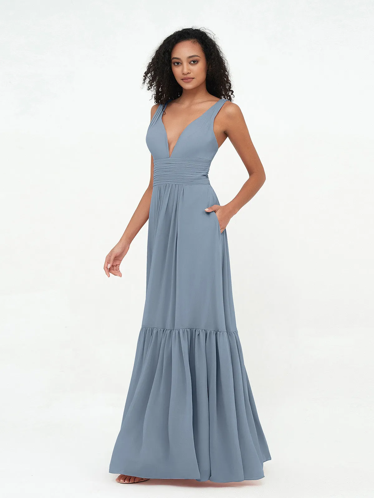 Deep-V Neck Chiffon Tiered Skirt Boho Dresses-Dusty Blue Plus Size
