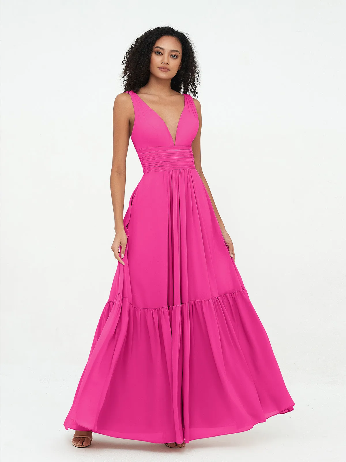 Deep-V Neck Chiffon Tiered Skirt Boho Dresses-Fuchsia