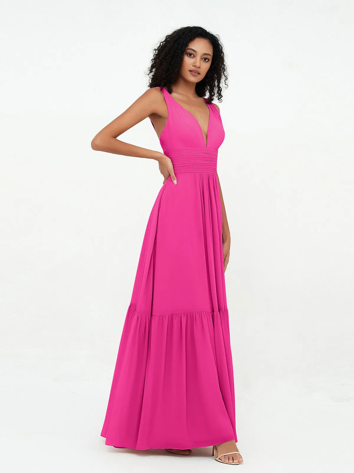 Deep-V Neck Chiffon Tiered Skirt Boho Dresses-Fuchsia