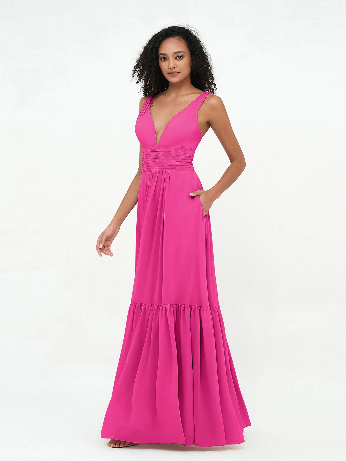 Deep-V Neck Chiffon Tiered Skirt Boho Dresses-Fuchsia