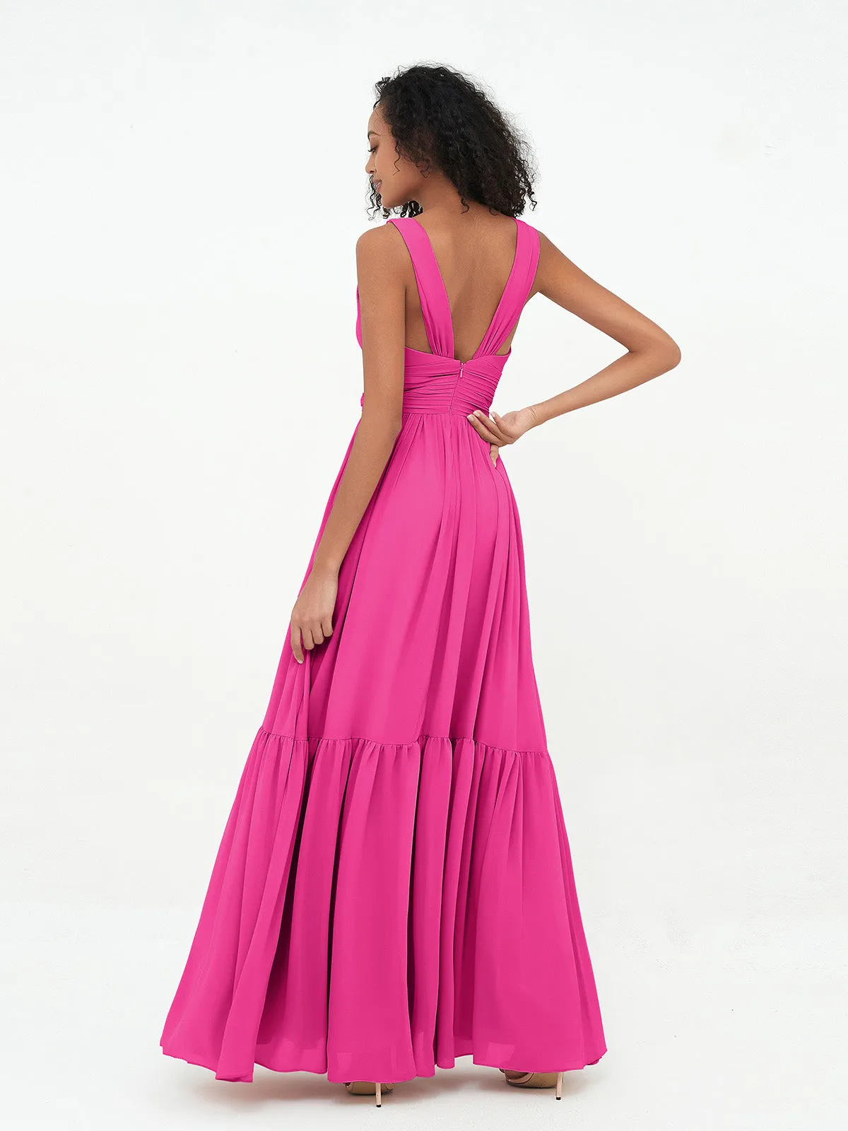 Deep-V Neck Chiffon Tiered Skirt Boho Dresses-Fuchsia