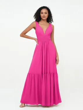 Deep-V Neck Chiffon Tiered Skirt Boho Dresses-Fuchsia