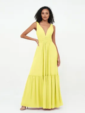Deep-V Neck Chiffon Tiered Skirt Boho Dresses-Lemon