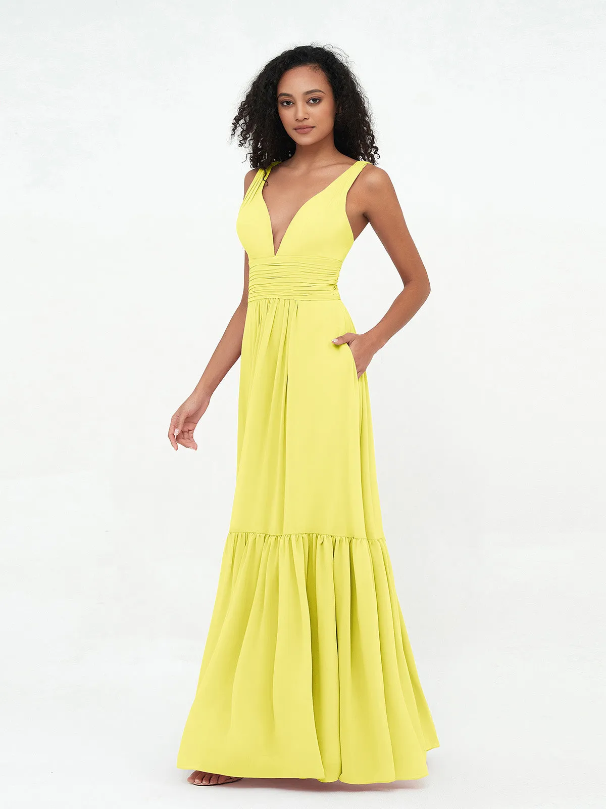 Deep-V Neck Chiffon Tiered Skirt Boho Dresses-Lemon