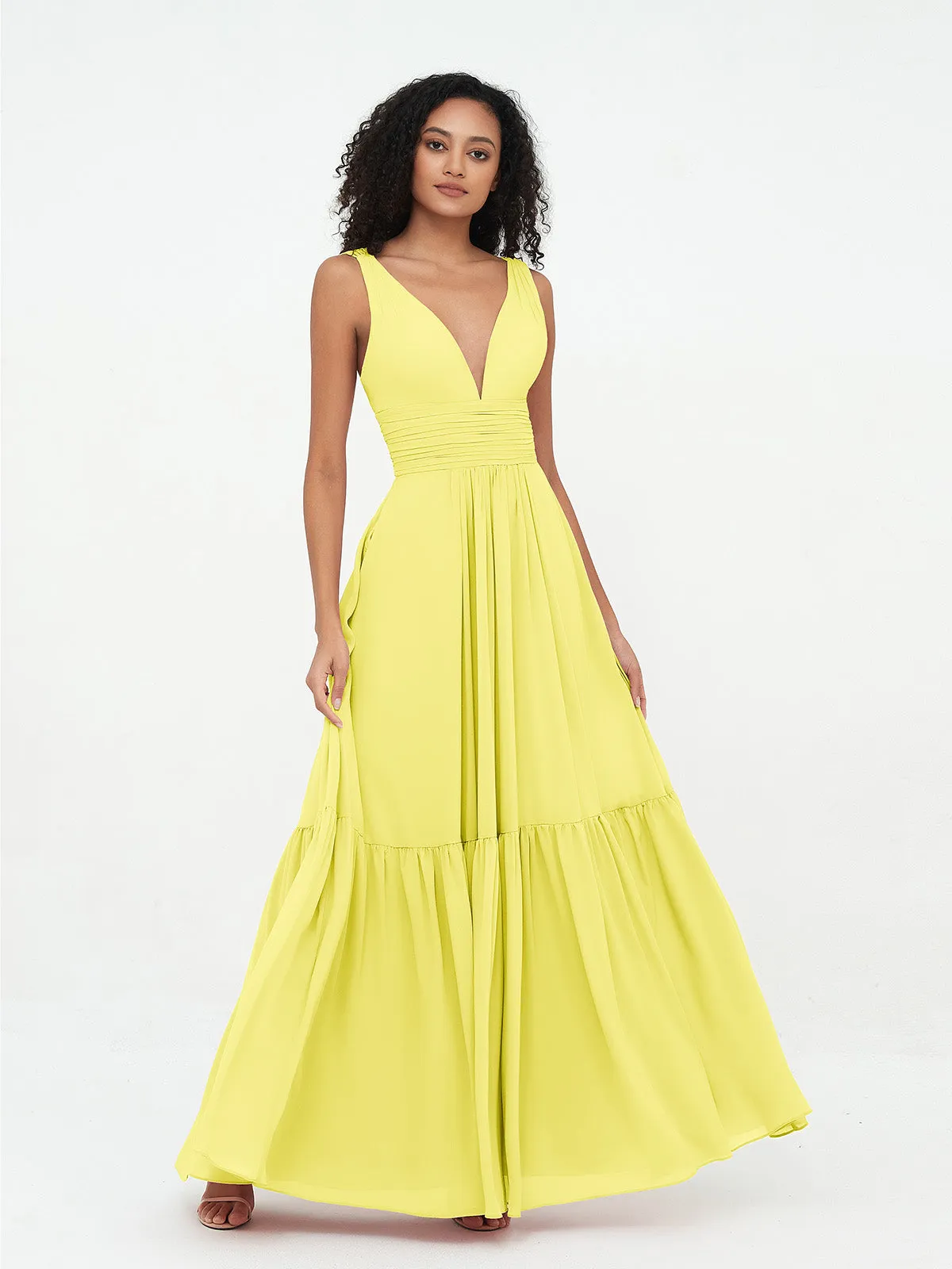 Deep-V Neck Chiffon Tiered Skirt Boho Dresses-Lemon