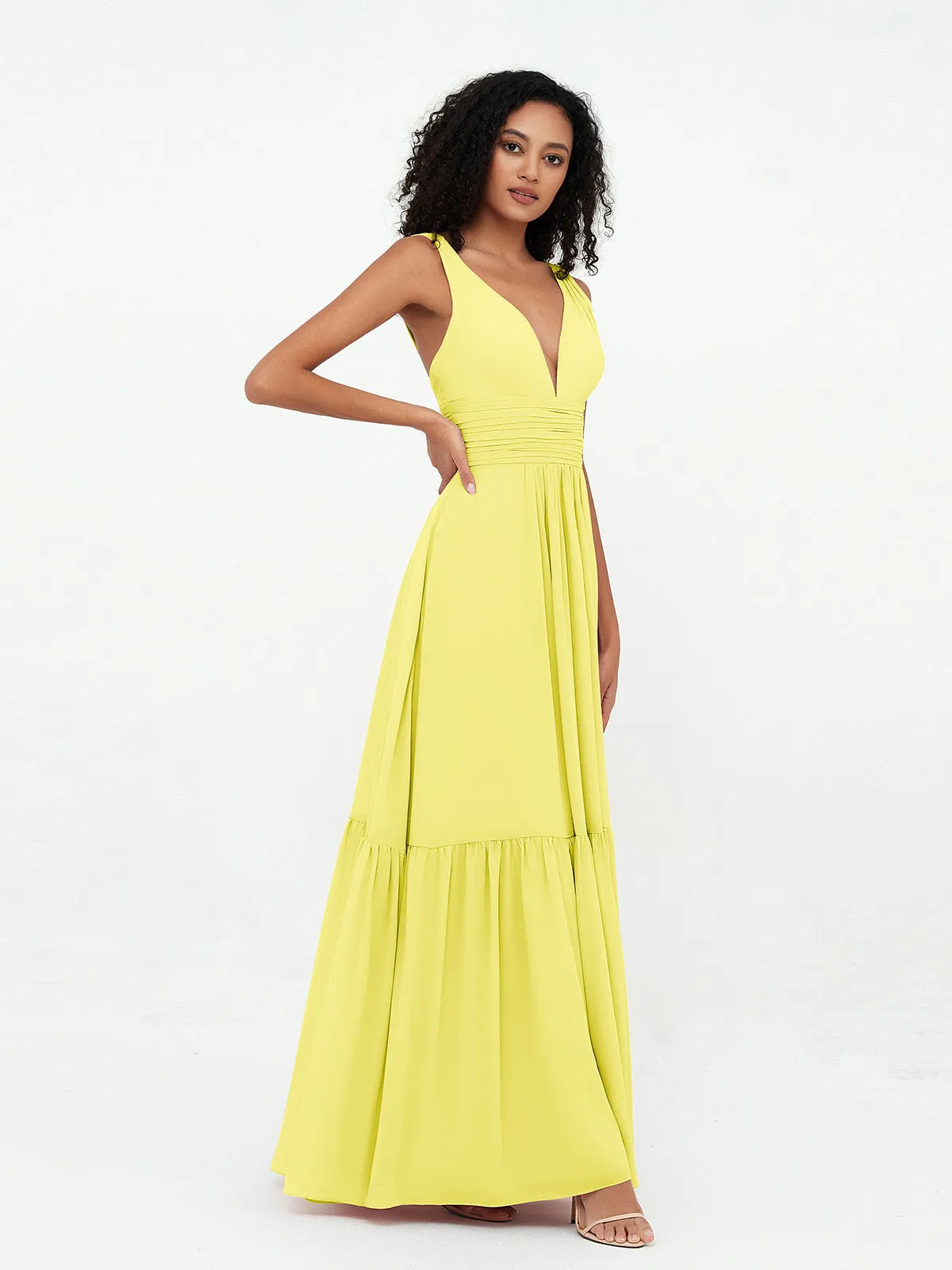 Deep-V Neck Chiffon Tiered Skirt Boho Dresses-Lemon
