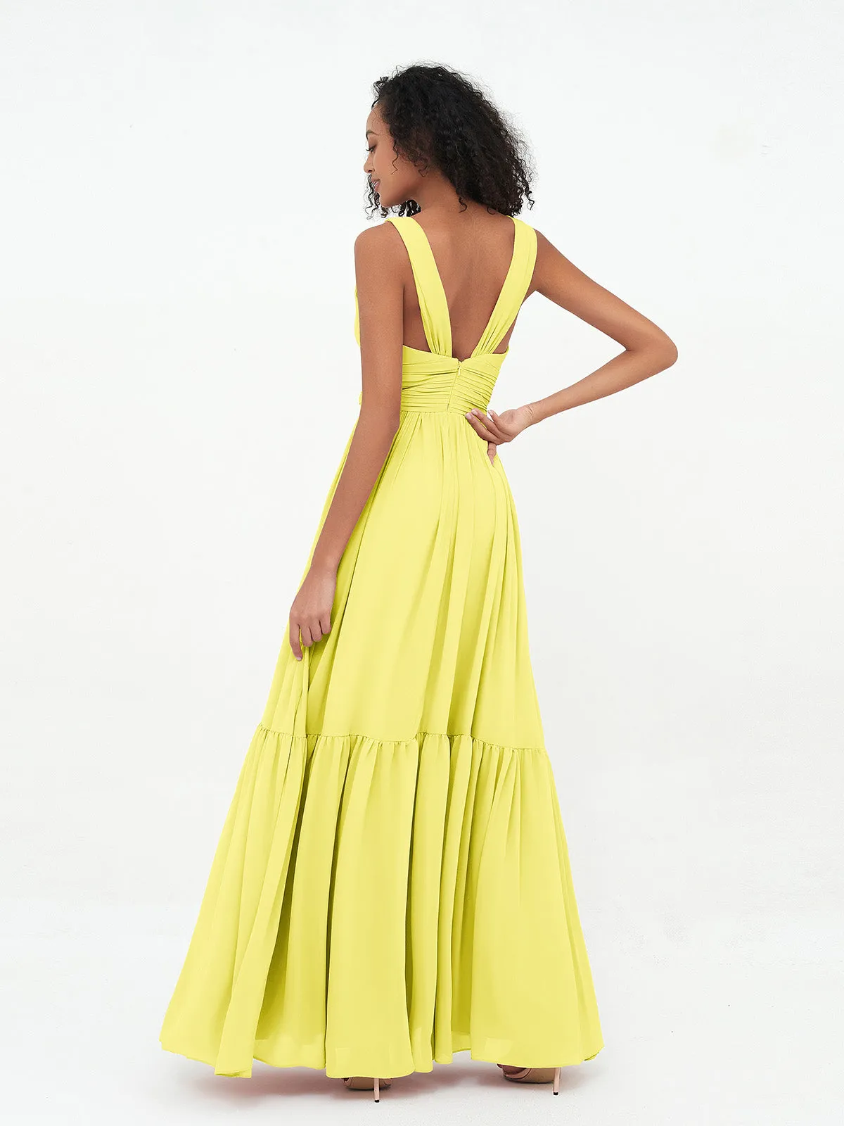 Deep-V Neck Chiffon Tiered Skirt Boho Dresses-Lemon