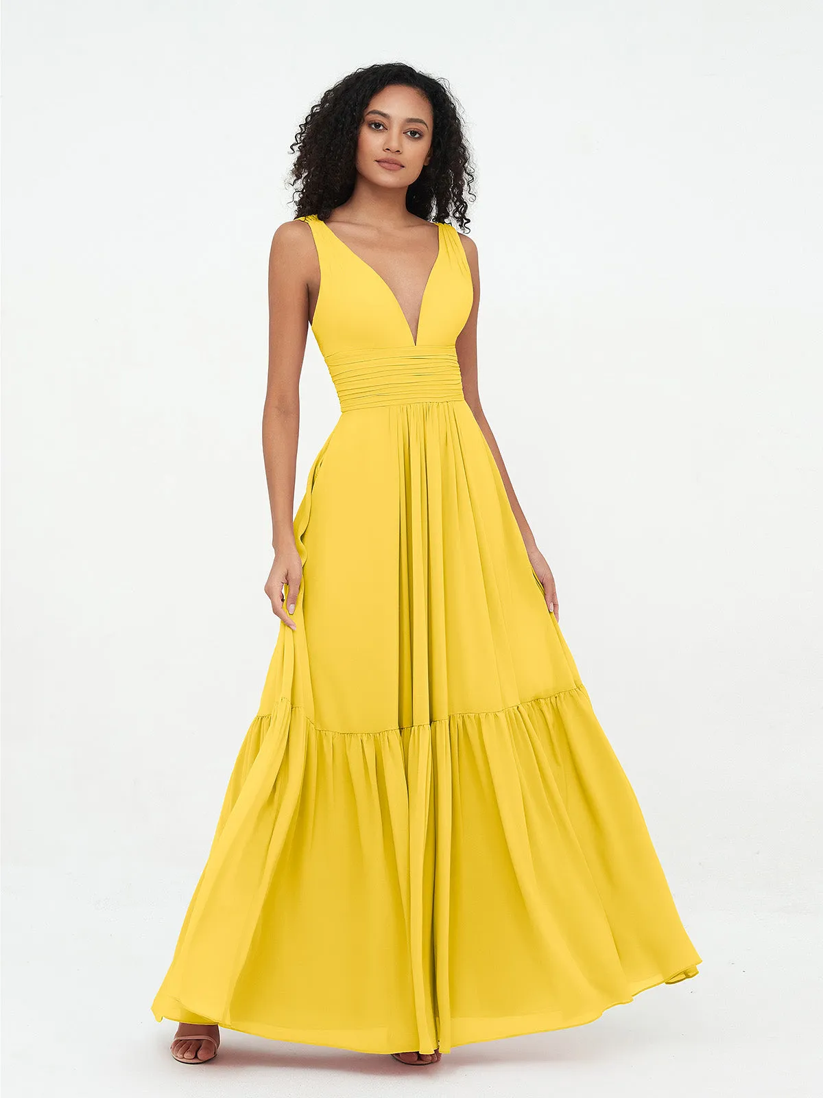 Deep-V Neck Chiffon Tiered Skirt Boho Dresses-Marigold