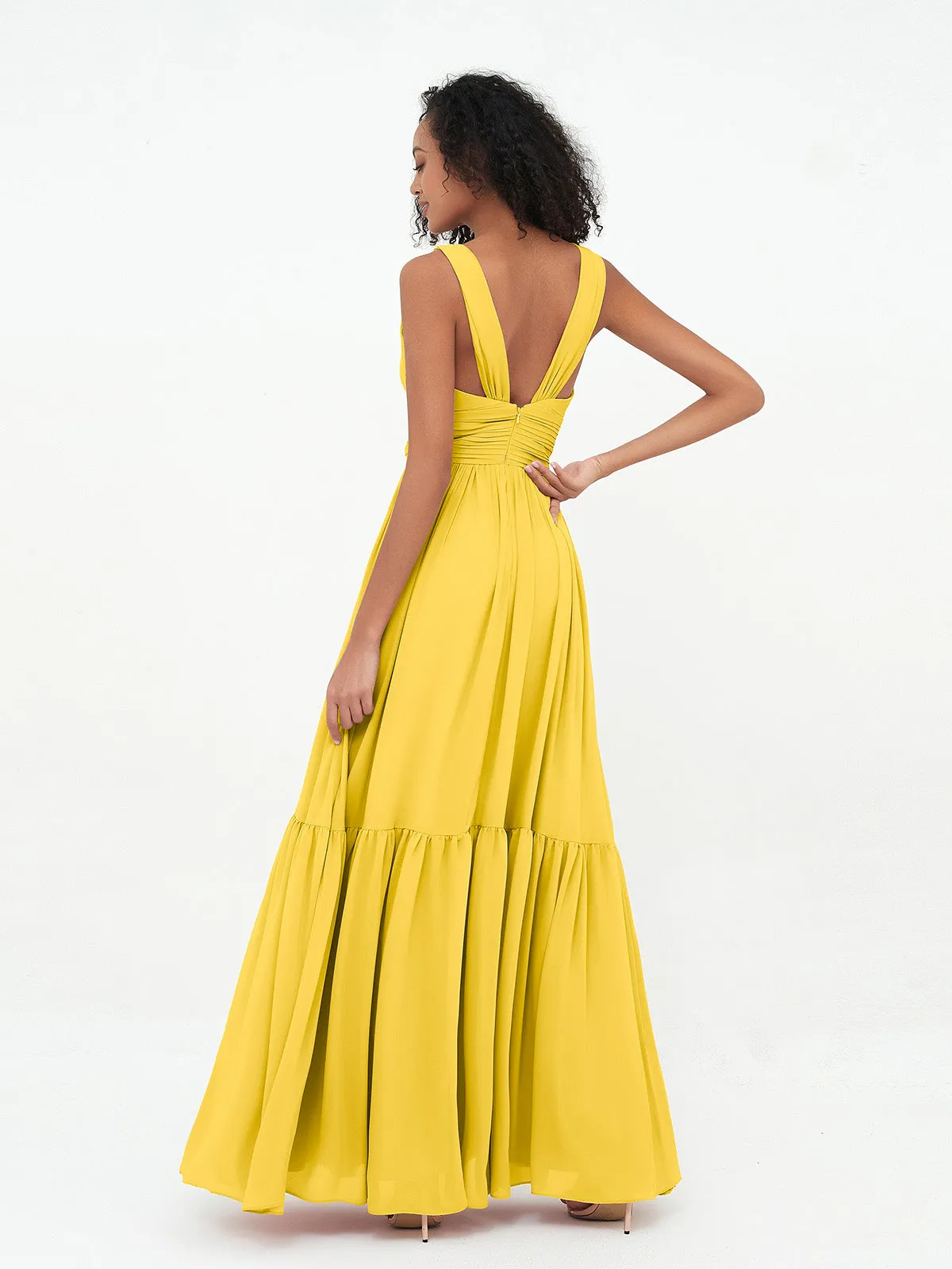 Deep-V Neck Chiffon Tiered Skirt Boho Dresses-Marigold