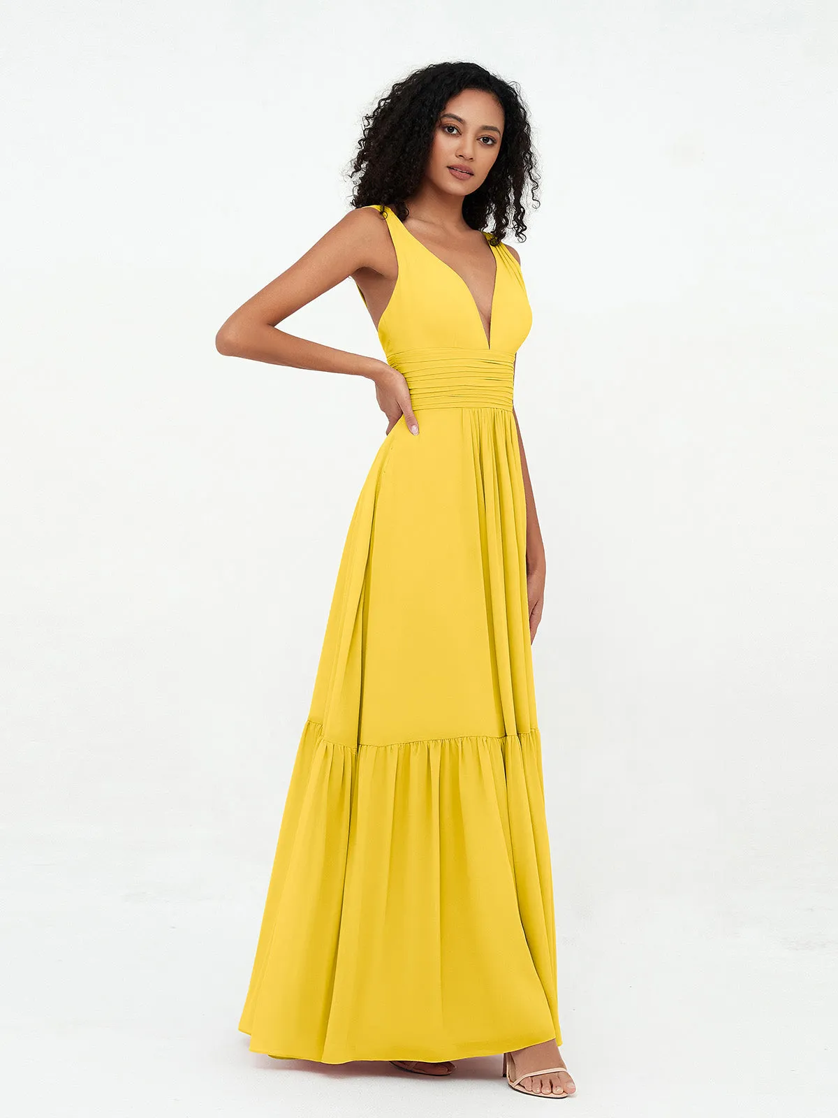 Deep-V Neck Chiffon Tiered Skirt Boho Dresses-Marigold