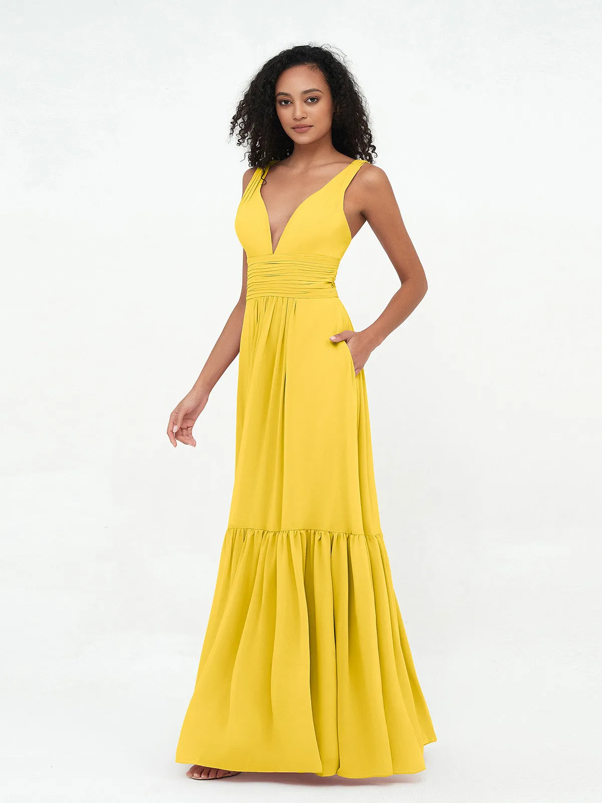 Deep-V Neck Chiffon Tiered Skirt Boho Dresses-Marigold