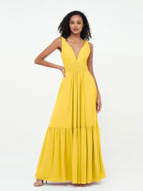 Deep-V Neck Chiffon Tiered Skirt Boho Dresses-Marigold