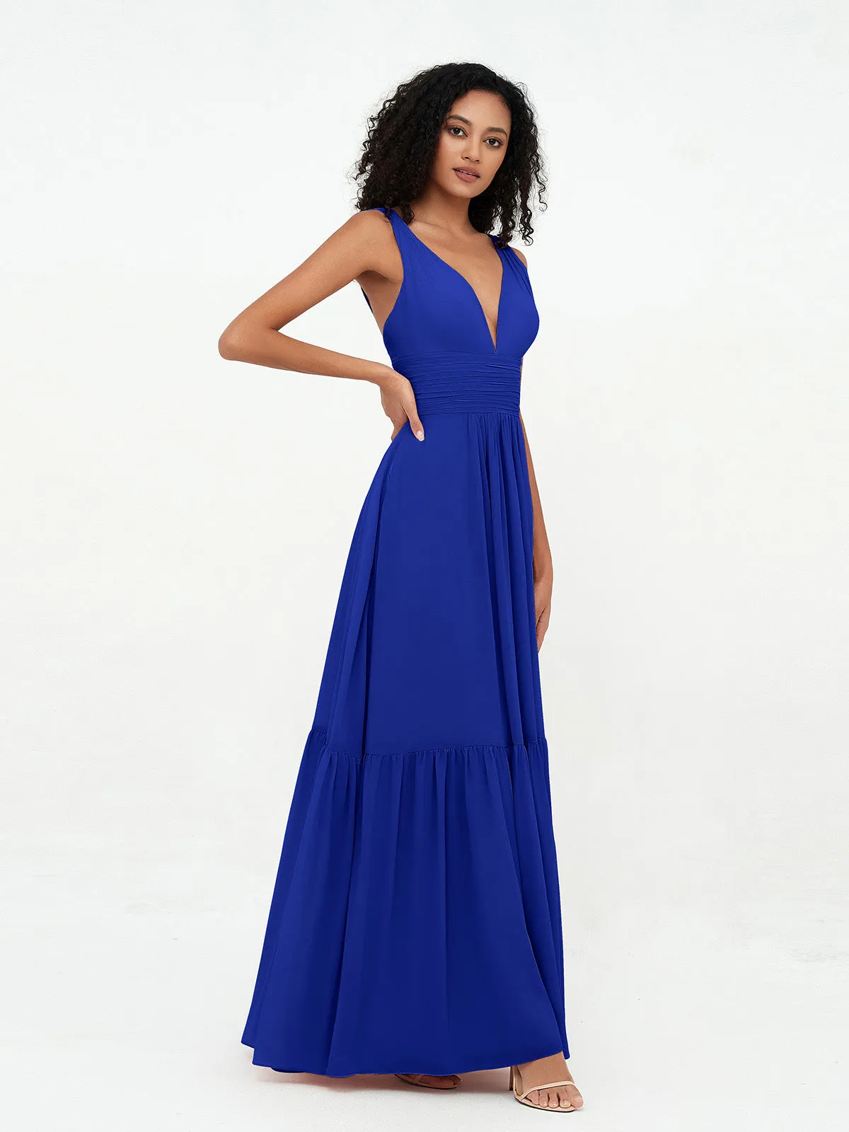 Deep-V Neck Chiffon Tiered Skirt Boho Dresses-Royal Blue Plus Size