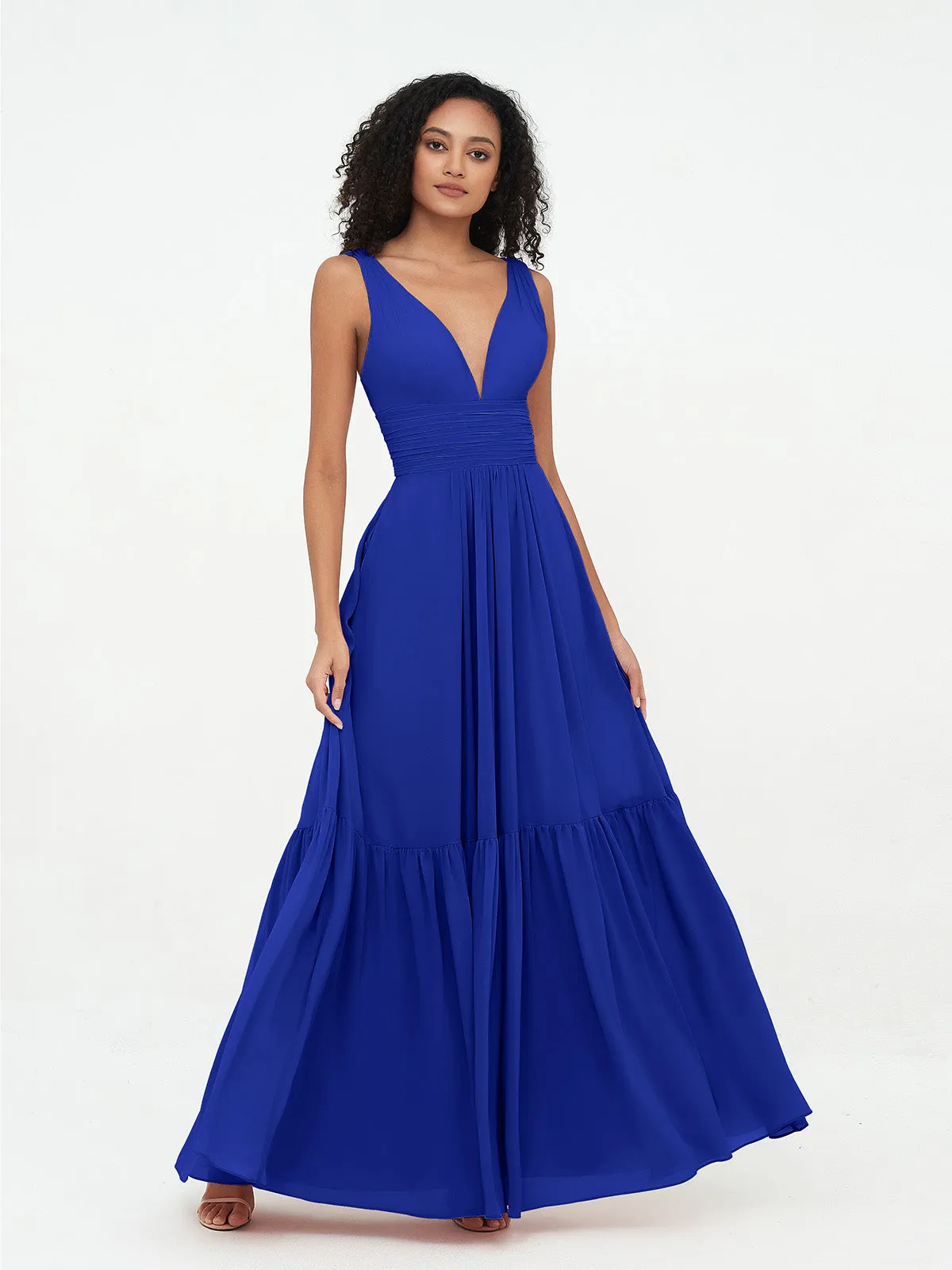 Deep-V Neck Chiffon Tiered Skirt Boho Dresses-Royal Blue Plus Size