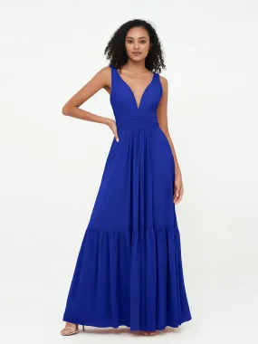 Deep-V Neck Chiffon Tiered Skirt Boho Dresses-Royal Blue Plus Size