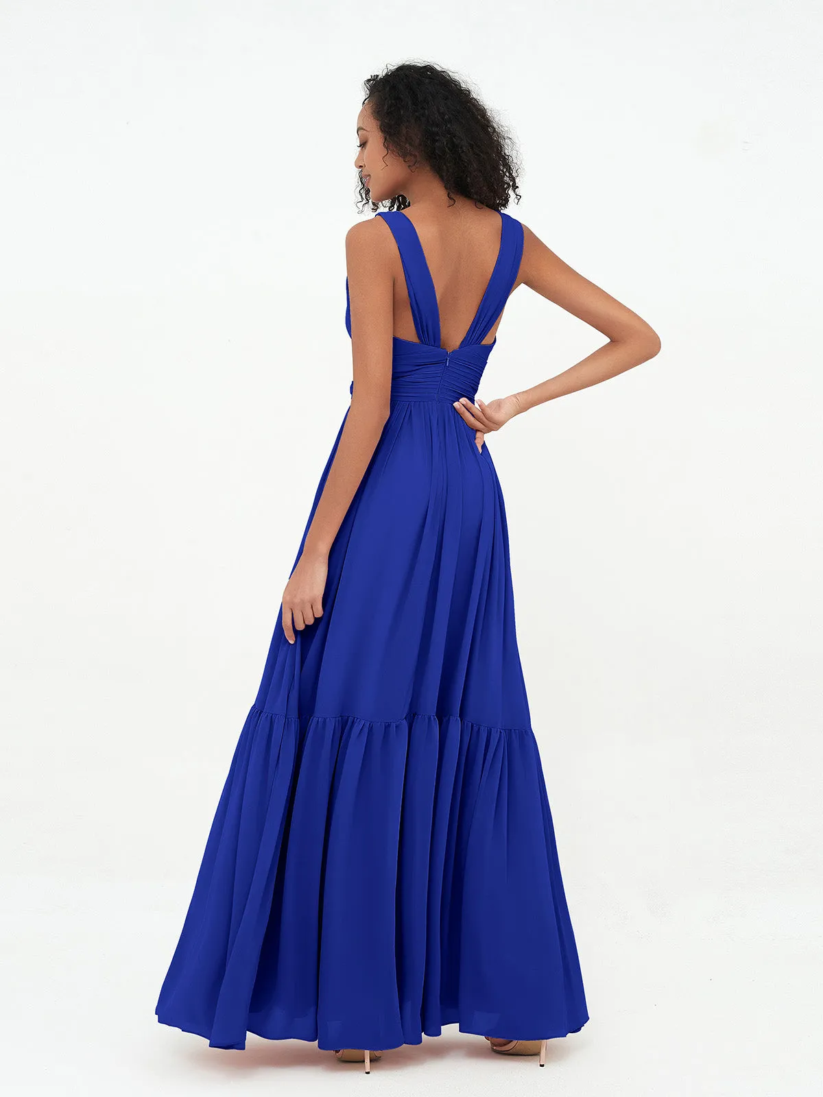 Deep-V Neck Chiffon Tiered Skirt Boho Dresses-Royal Blue Plus Size