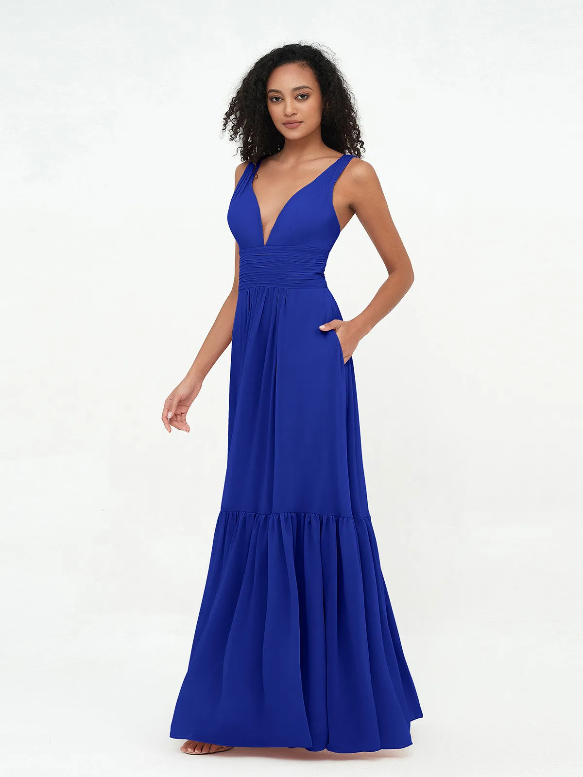 Deep-V Neck Chiffon Tiered Skirt Boho Dresses-Royal Blue Plus Size