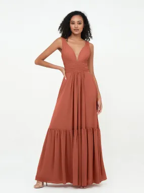 Deep-V Neck Chiffon Tiered Skirt Boho Dresses-Rust Plus Size