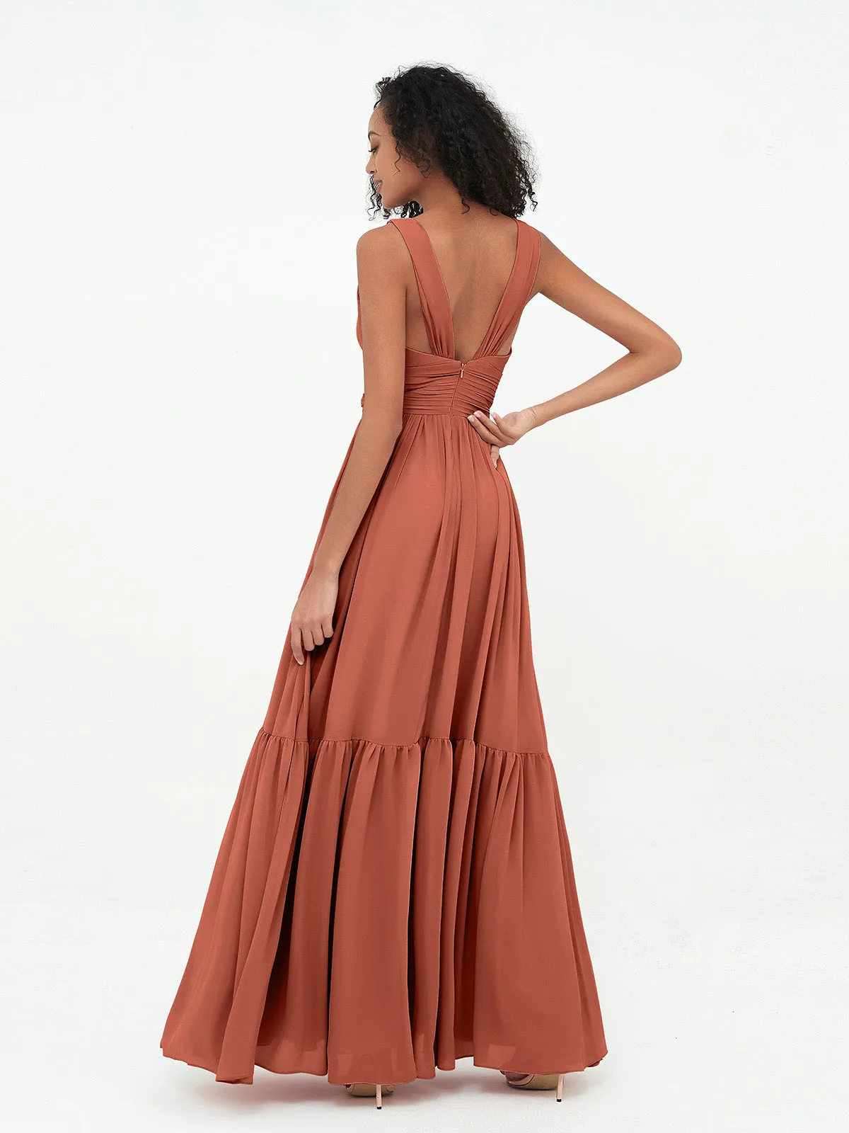 Deep-V Neck Chiffon Tiered Skirt Boho Dresses-Rust Plus Size
