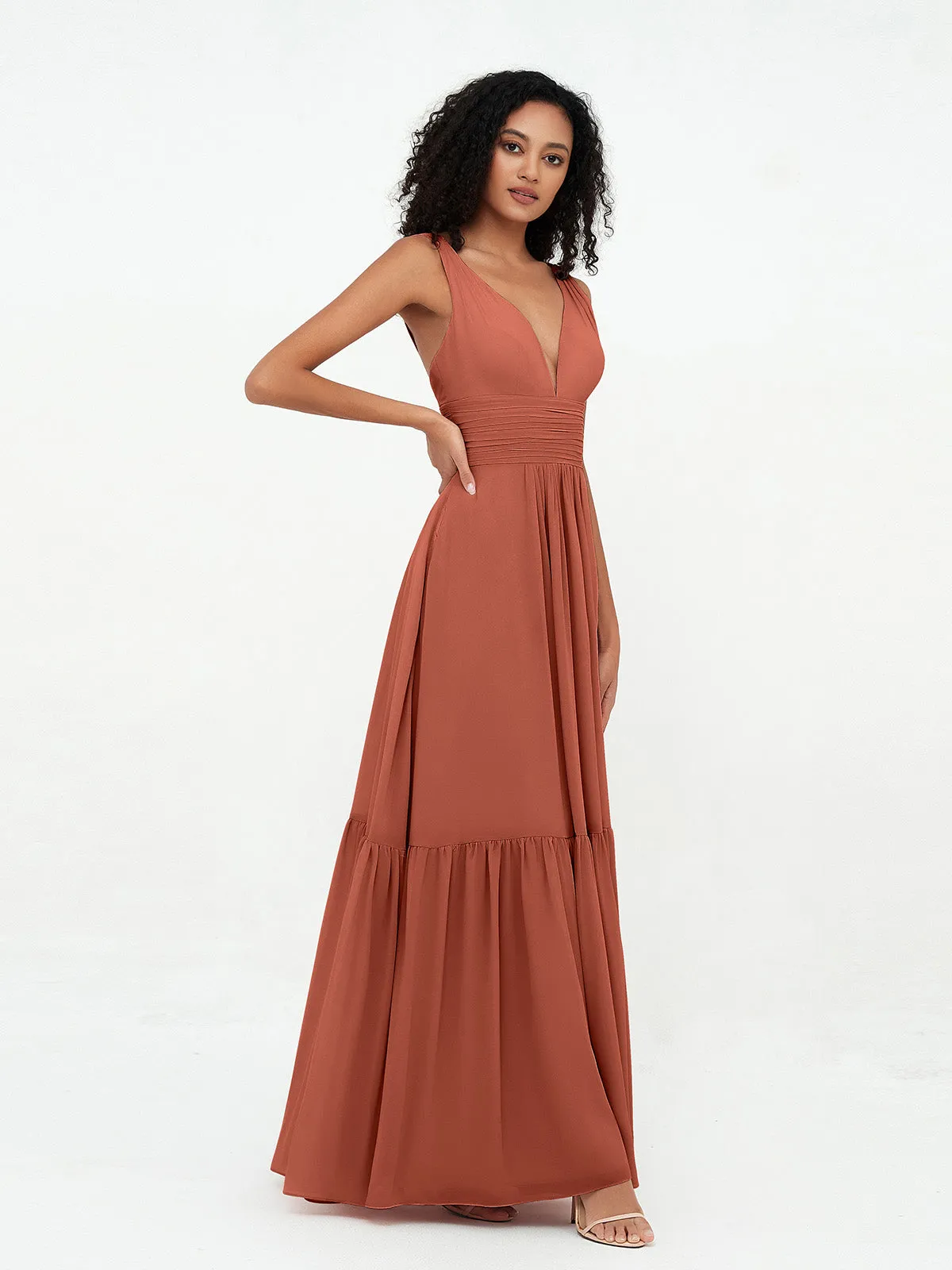 Deep-V Neck Chiffon Tiered Skirt Boho Dresses-Rust Plus Size