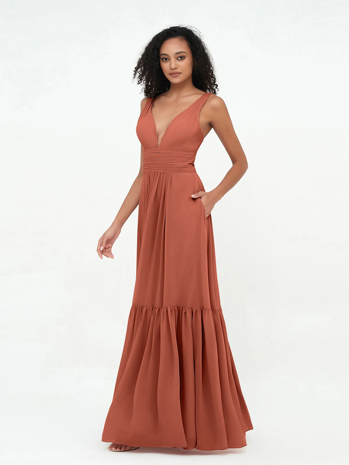 Deep-V Neck Chiffon Tiered Skirt Boho Dresses-Rust Plus Size