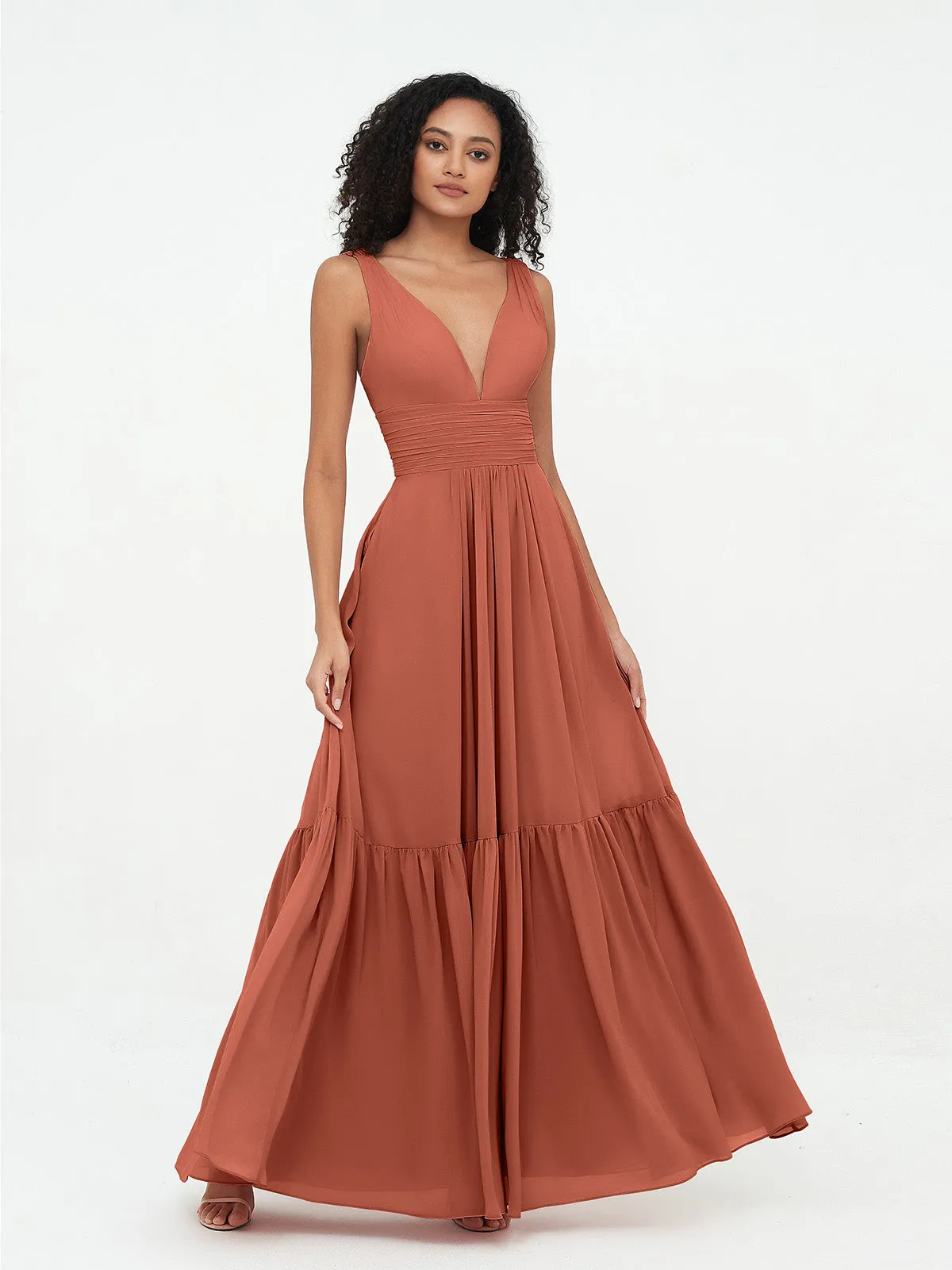 Deep-V Neck Chiffon Tiered Skirt Boho Dresses-Rust Plus Size