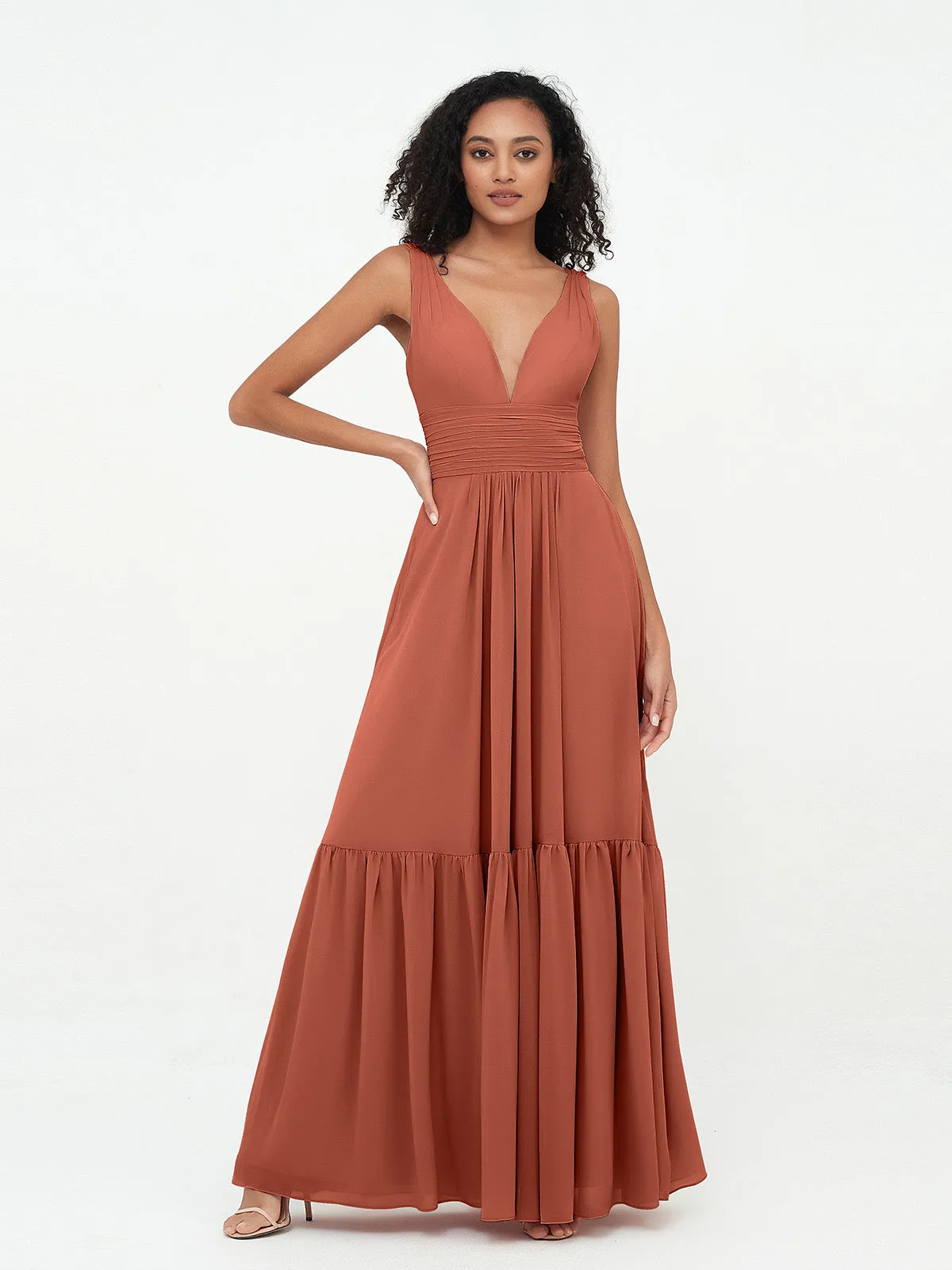 Deep-V Neck Chiffon Tiered Skirt Boho Dresses-Rust Plus Size
