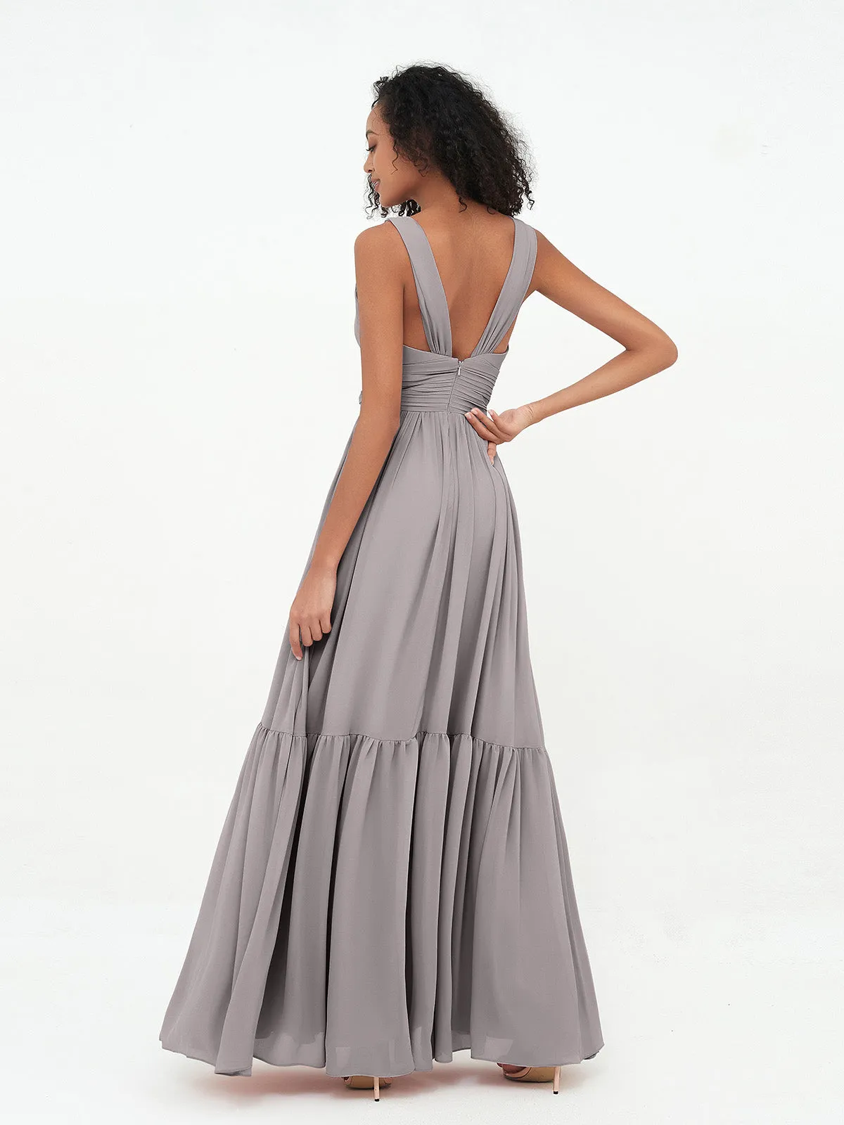 Deep-V Neck Chiffon Tiered Skirt Boho Dresses-Silver Plus Size