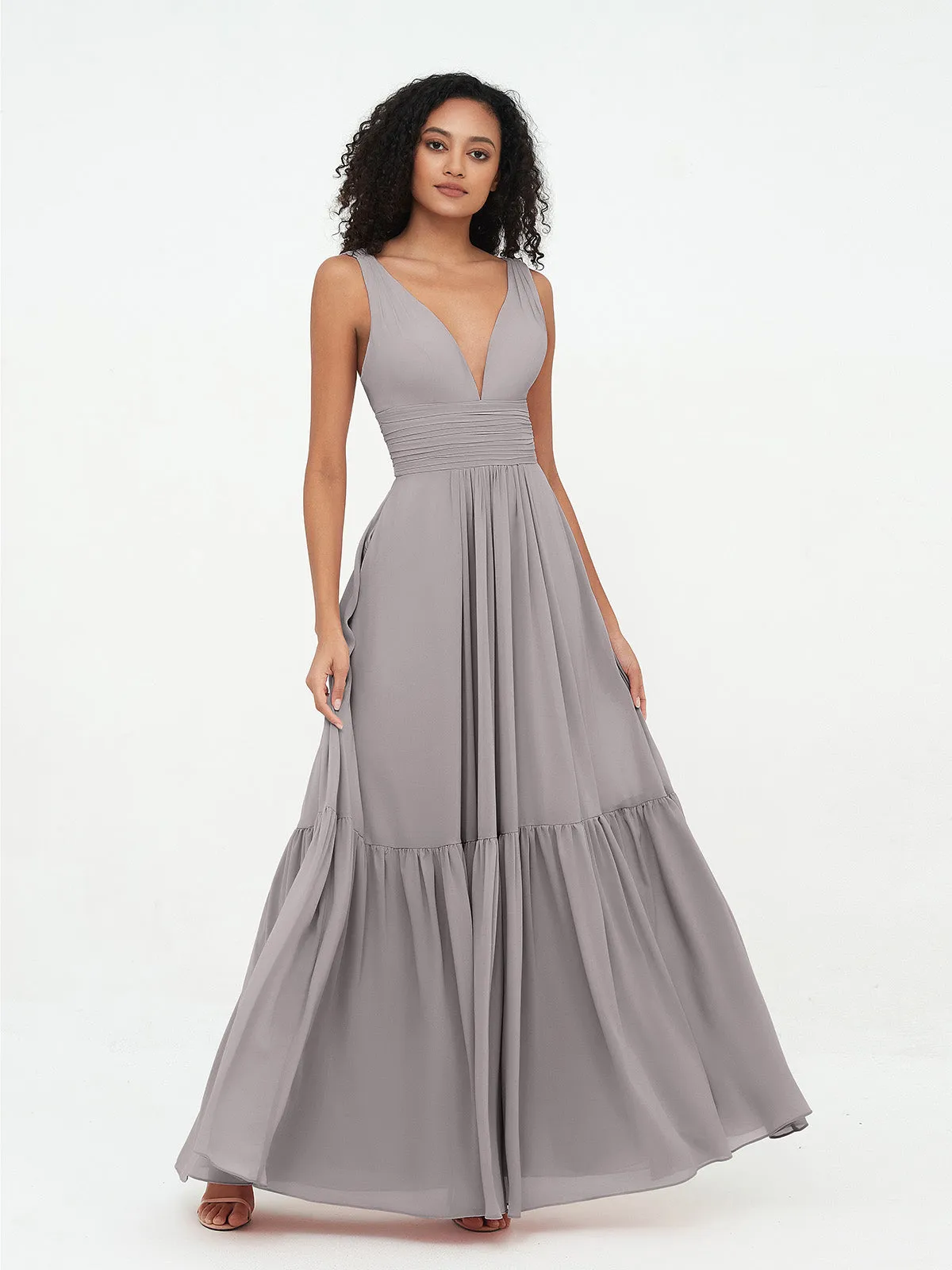 Deep-V Neck Chiffon Tiered Skirt Boho Dresses-Silver Plus Size