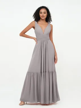 Deep-V Neck Chiffon Tiered Skirt Boho Dresses-Silver Plus Size
