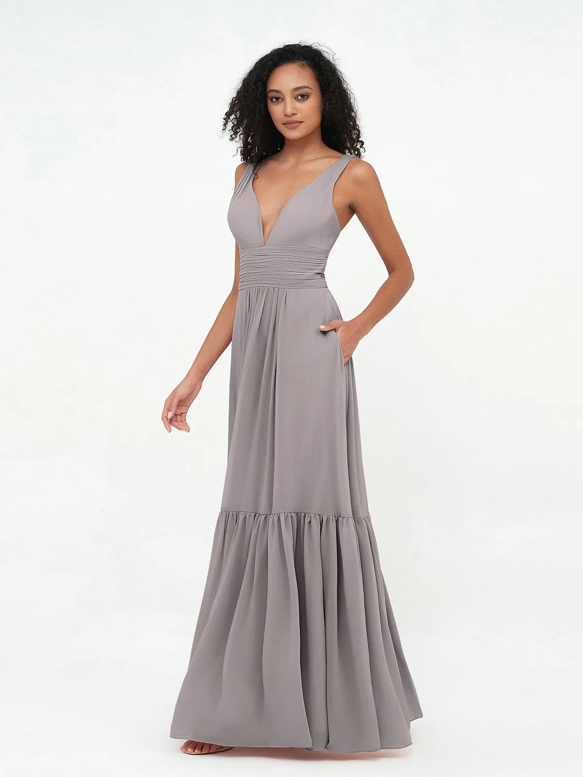 Deep-V Neck Chiffon Tiered Skirt Boho Dresses-Silver Plus Size